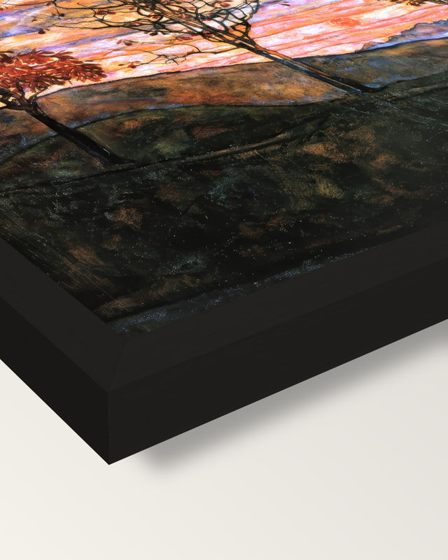 Four Trees by Egon Schiele framed print, corner close-up: black moulding, mitred, the print set just below its edge