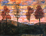 Four Trees by Egon Schiele: four slim chestnut trees with red leaves in a row before bands of orange and red sky