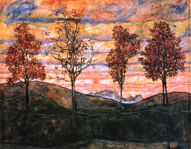 Four Trees by Egon Schiele: four slim chestnut trees with red leaves in a row before bands of orange and red sky