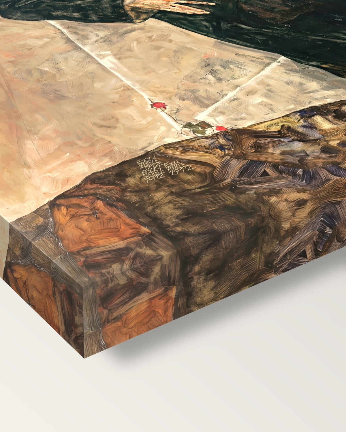 Hermits by Egon Schiele on stretched canvas, corner close-up: the painting mirror-wrapped round the sides