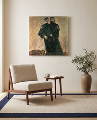 Hermits by Egon Schiele as a stretched canvas above a linen lounge chair in a reading corner