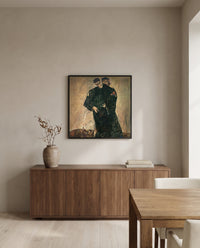Hermits by Egon Schiele in a black frame above a walnut sideboard in a dining room