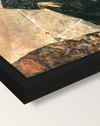 Hermits by Egon Schiele framed canvas, corner close-up: a black floating frame with a shadow gap round the canvas