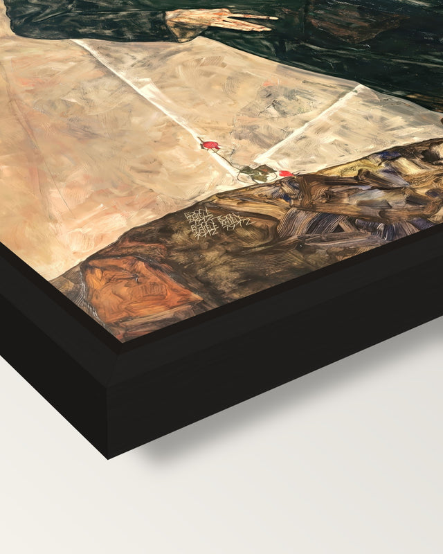 Hermits by Egon Schiele framed canvas, corner close-up: a black floating frame with a shadow gap round the canvas