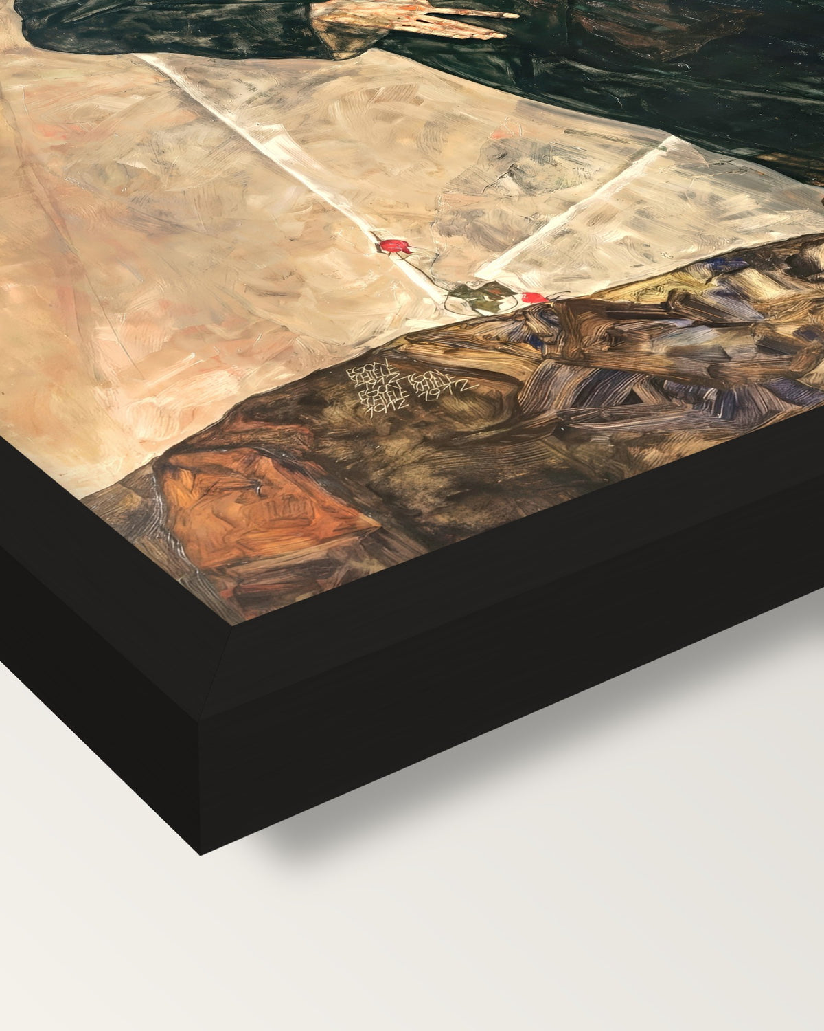 Hermits by Egon Schiele framed print, corner close-up: black moulding, mitred, the print set just below its edge