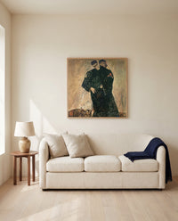 Hermits by Egon Schiele framed in natural oak above a cream sofa in a warm living room