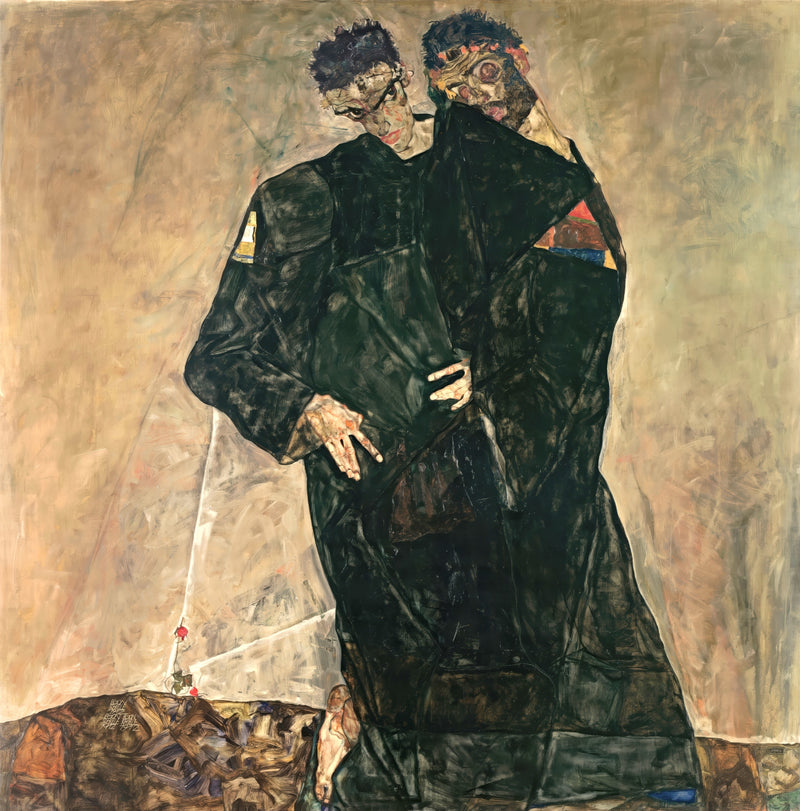 Hermits by Egon Schiele: two men in long dark robes standing close together, fused into one figure, on pale grey