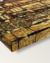 House with Shingle Roof by Egon Schiele on stretched canvas, corner close-up: the painting mirror-wrapped round the sides
