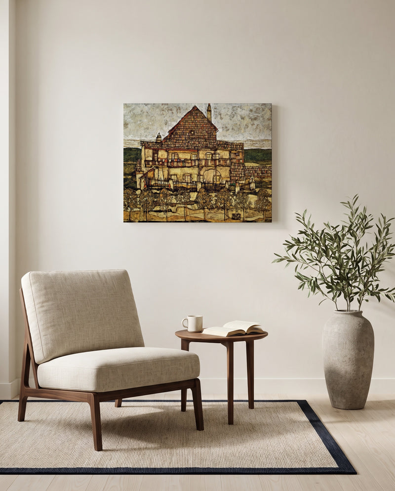 House with Shingle Roof by Egon Schiele as a stretched canvas above a linen lounge chair in a reading corner