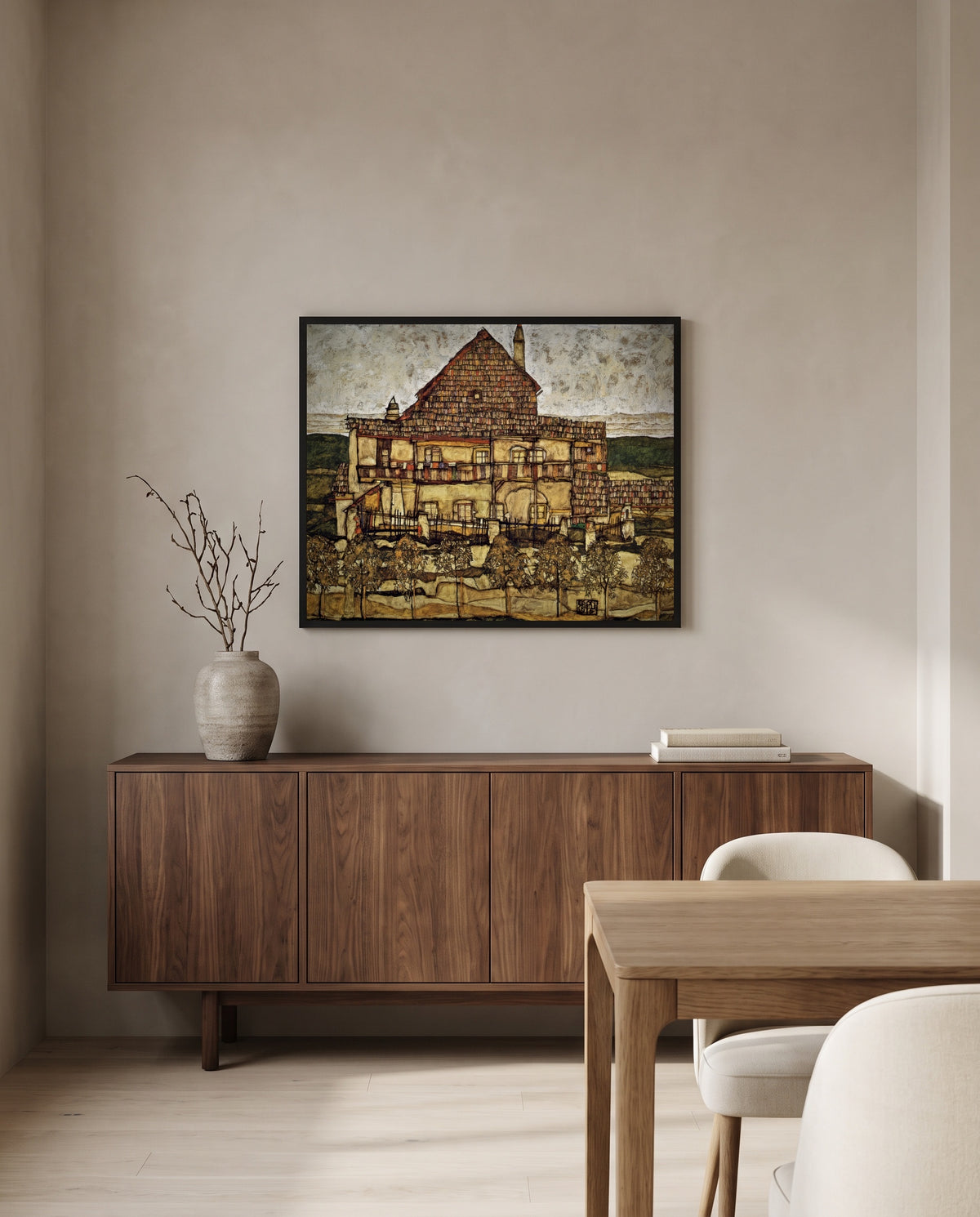 House with Shingle Roof by Egon Schiele in a black frame above a walnut sideboard in a dining room