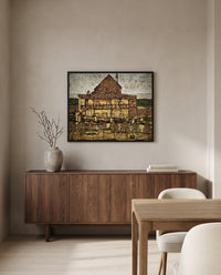 House with Shingle Roof by Egon Schiele in a black frame above a walnut sideboard in a dining room