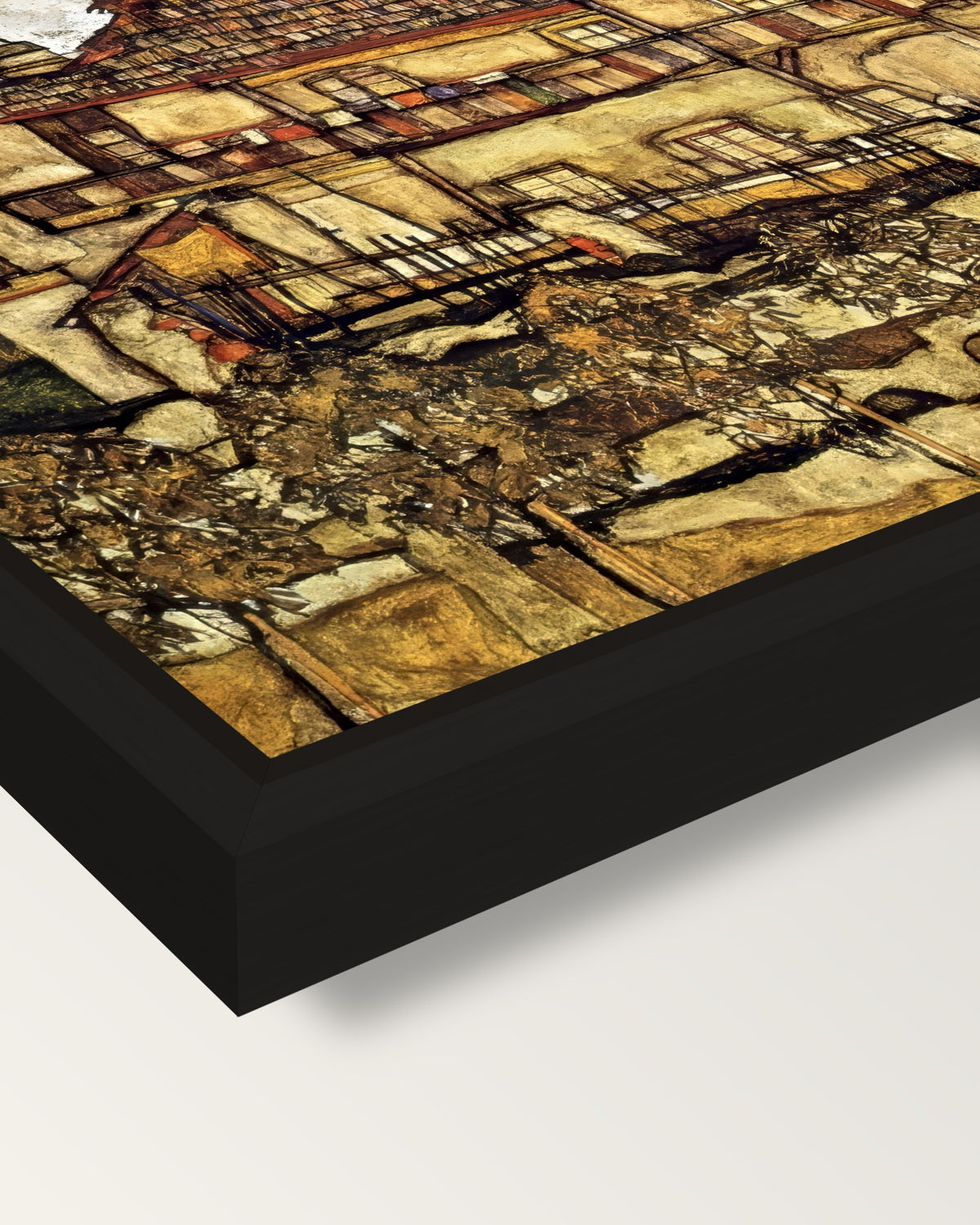 House with Shingle Roof by Schiele framed canvas, corner close-up: a black floating frame with a shadow gap round the canvas
