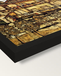 House with Shingle Roof by Schiele framed print, corner close-up: black moulding, mitred, the print set just below its edge
