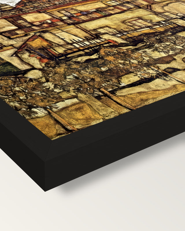 House with Shingle Roof by Schiele framed print, corner close-up: black moulding, mitred, the print set just below its edge