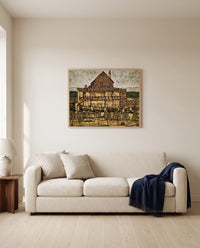 House with Shingle Roof by Egon Schiele framed in natural oak above a cream sofa in a warm living room