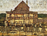 House with Shingle Roof by Egon Schiele: an old house with a tall brown shingle roof and washing on lines, trees below
