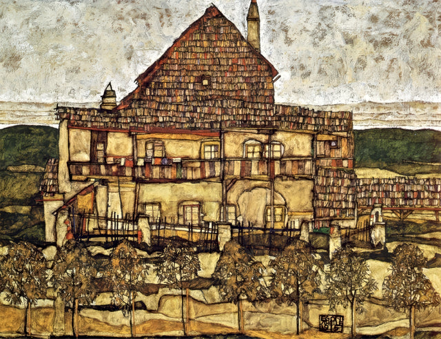 House with Shingle Roof by Egon Schiele: an old house with a tall brown shingle roof and washing on lines, trees below
