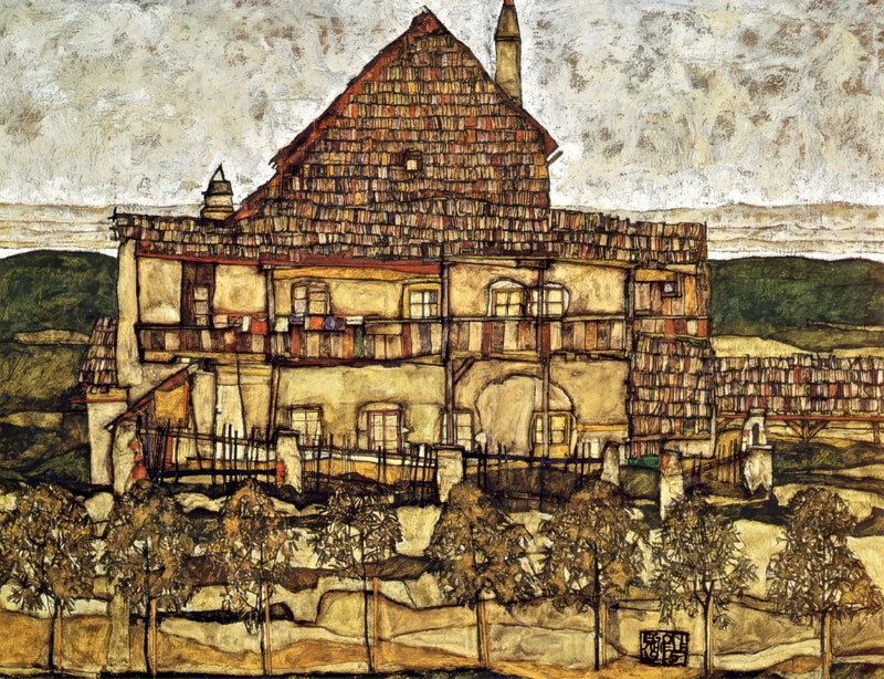 House with Shingle Roof by Egon Schiele: an old house with a tall brown shingle roof and washing on lines, trees below