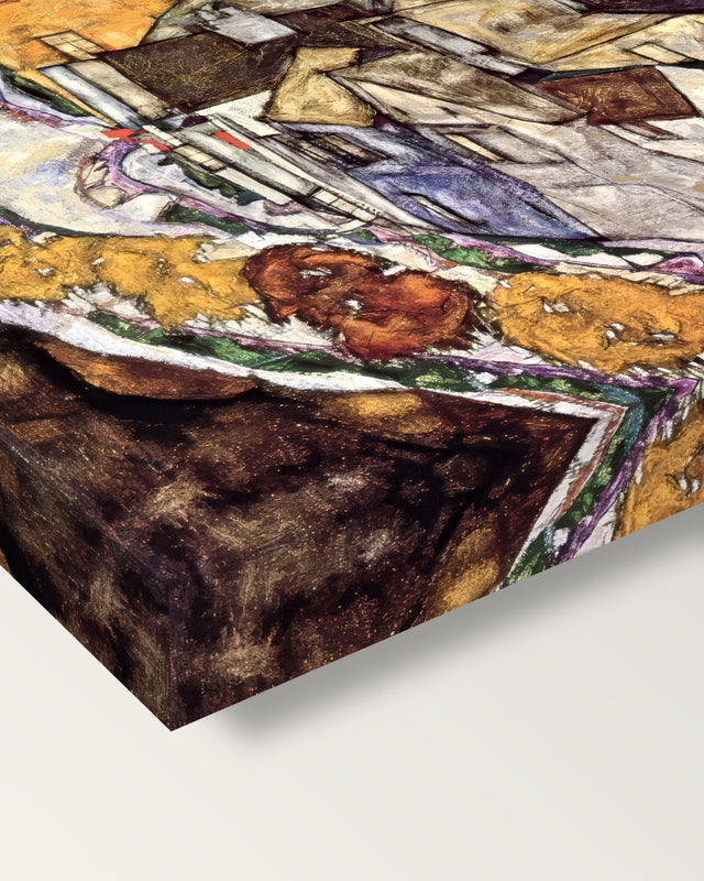 Island Town by Egon Schiele on stretched canvas, corner close-up: the painting mirror-wrapped round the sides