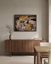 Island Town by Egon Schiele in a black frame above a walnut sideboard in a dining room