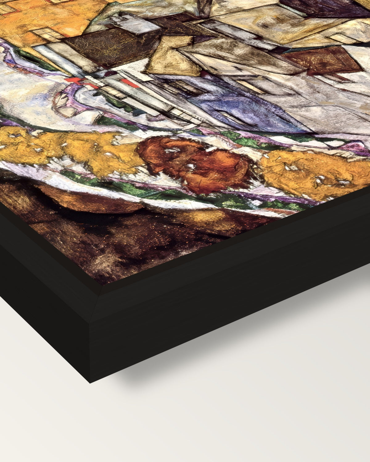 Island Town by Egon Schiele framed canvas, corner close-up: a black floating frame with a shadow gap round the canvas