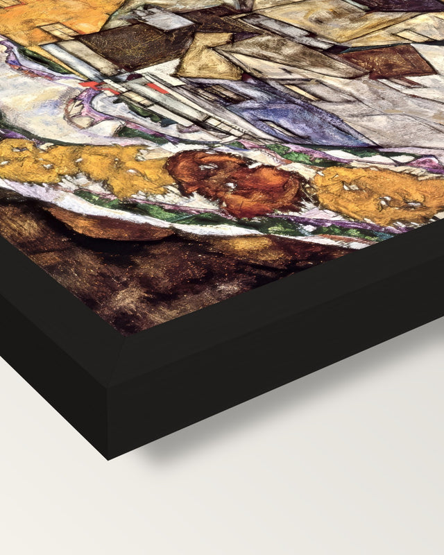Island Town by Egon Schiele framed print, corner close-up: black moulding, mitred, the print set just below its edge