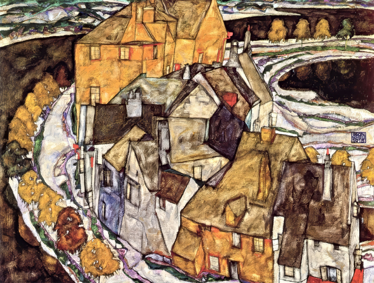 Island Town by Egon Schiele: Krumau’s old houses in a curved crescent of yellow, brown and white, autumn trees around