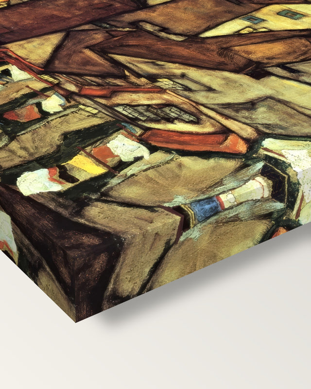 Krumau Town Crescent I by Egon Schiele on stretched canvas, corner close-up: the painting mirror-wrapped round the sides