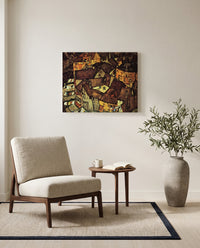 Krumau Town Crescent I by Egon Schiele as a stretched canvas above a linen lounge chair in a reading corner