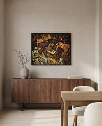 Krumau Town Crescent I by Egon Schiele in a black frame above a walnut sideboard in a dining room