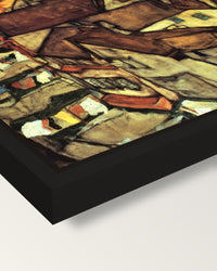 Krumau Town Crescent I by Schiele framed canvas, corner close-up: a black floating frame with a shadow gap round the canvas