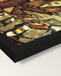 Krumau Town Crescent I by Schiele framed print, corner close-up: black moulding, mitred, the print set just below its edge