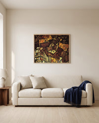 Krumau Town Crescent I by Egon Schiele framed in natural oak above a cream sofa in a warm living room