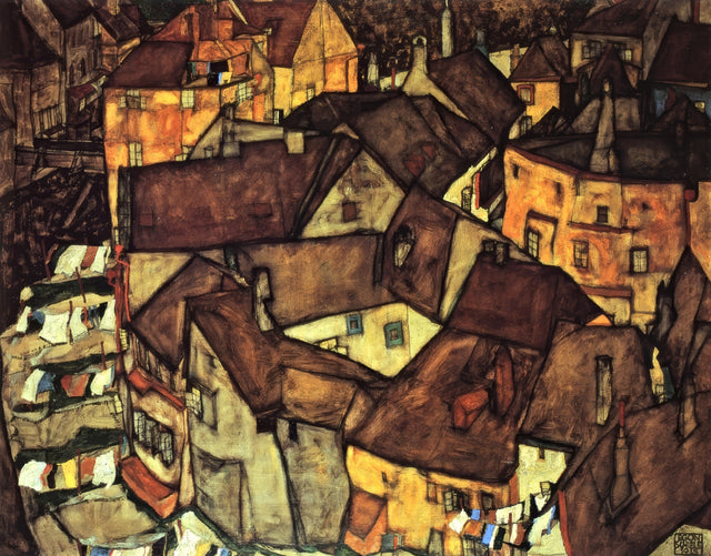 Krumau Town Crescent I by Egon Schiele: a crescent of old houses with brown and red roofs packed together around a curve