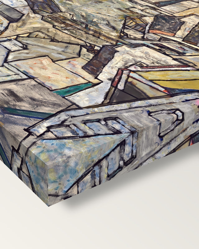 Mödling II by Egon Schiele on stretched canvas, corner close-up: the painting mirror-wrapped round the sides