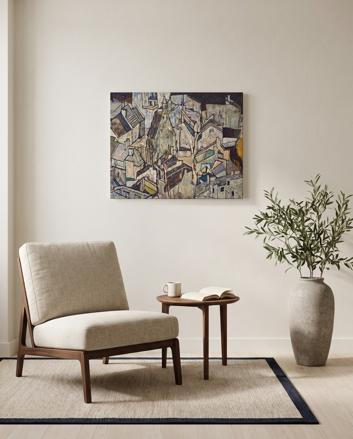 Mödling II by Egon Schiele as a stretched canvas above a linen lounge chair in a reading corner