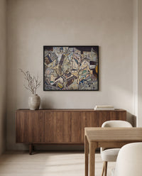 Mödling II by Egon Schiele in a black frame above a walnut sideboard in a dining room