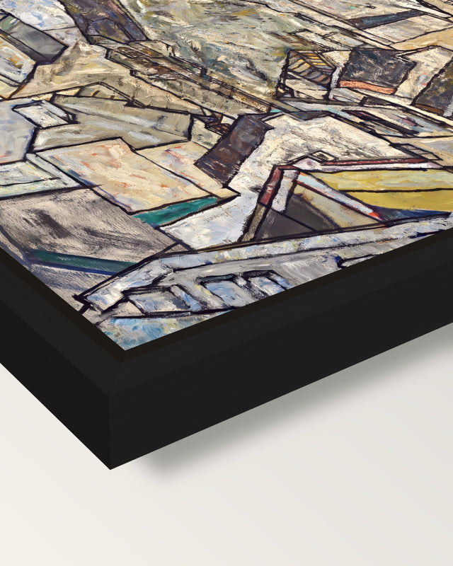 Mödling II by Egon Schiele framed canvas, corner close-up: a black floating frame with a shadow gap round the canvas