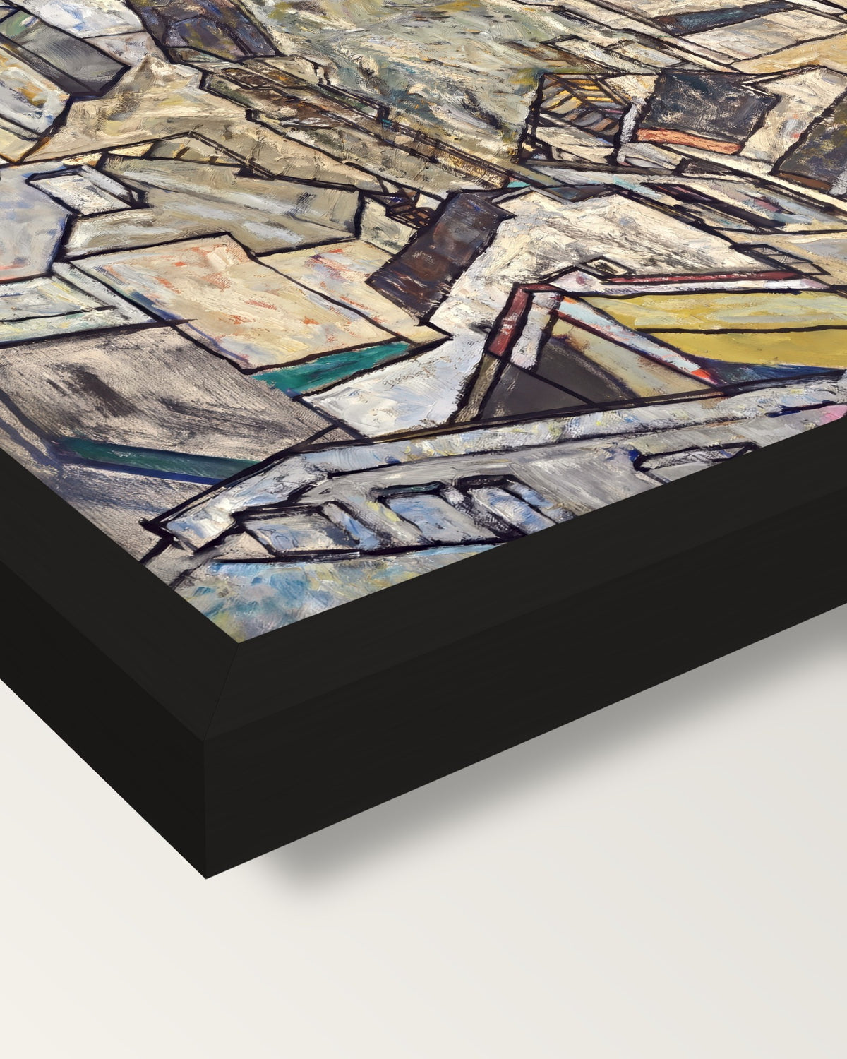 Mödling II by Egon Schiele framed print, corner close-up: black moulding, mitred, the print set just below its edge