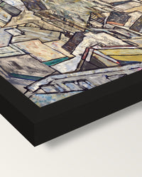 Mödling II by Egon Schiele framed print, corner close-up: black moulding, mitred, the print set just below its edge