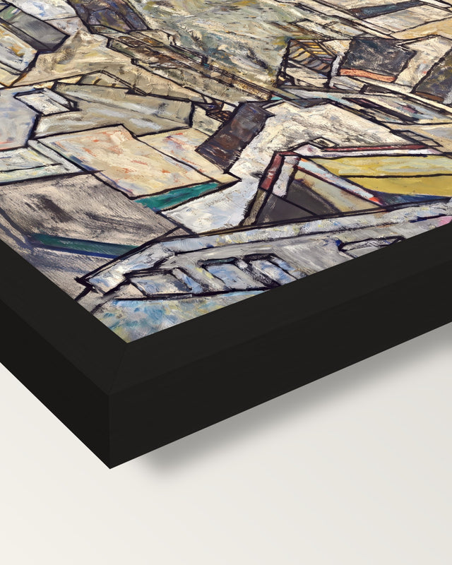 Mödling II by Egon Schiele framed print, corner close-up: black moulding, mitred, the print set just below its edge