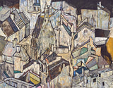 Mödling II by Egon Schiele: a dense jumble of grey, blue and white roofs, walls and windows in a small town