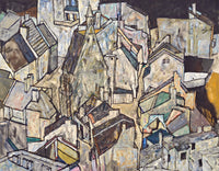 Mödling II by Egon Schiele: a dense jumble of grey, blue and white roofs, walls and windows in a small town