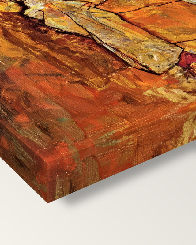 Albert Paris von Gütersloh by Egon Schiele on stretched canvas, corner close-up: the painting mirror-wrapped round the sides