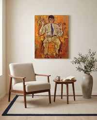 Albert Paris von Gütersloh by Egon Schiele as a stretched canvas above a linen lounge chair in a reading corner