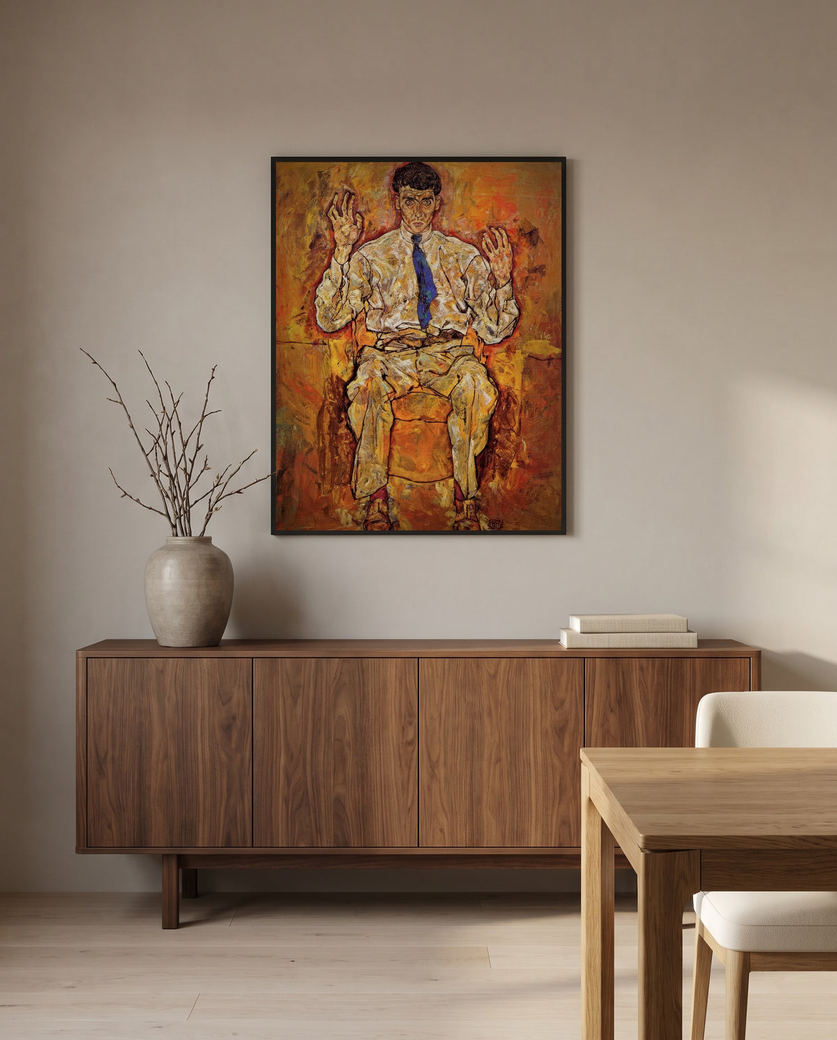 Albert Paris von Gütersloh by Egon Schiele in a black frame above a walnut sideboard in a dining room