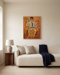 Albert Paris von Gütersloh by Egon Schiele framed in natural oak above a cream sofa in a warm living room