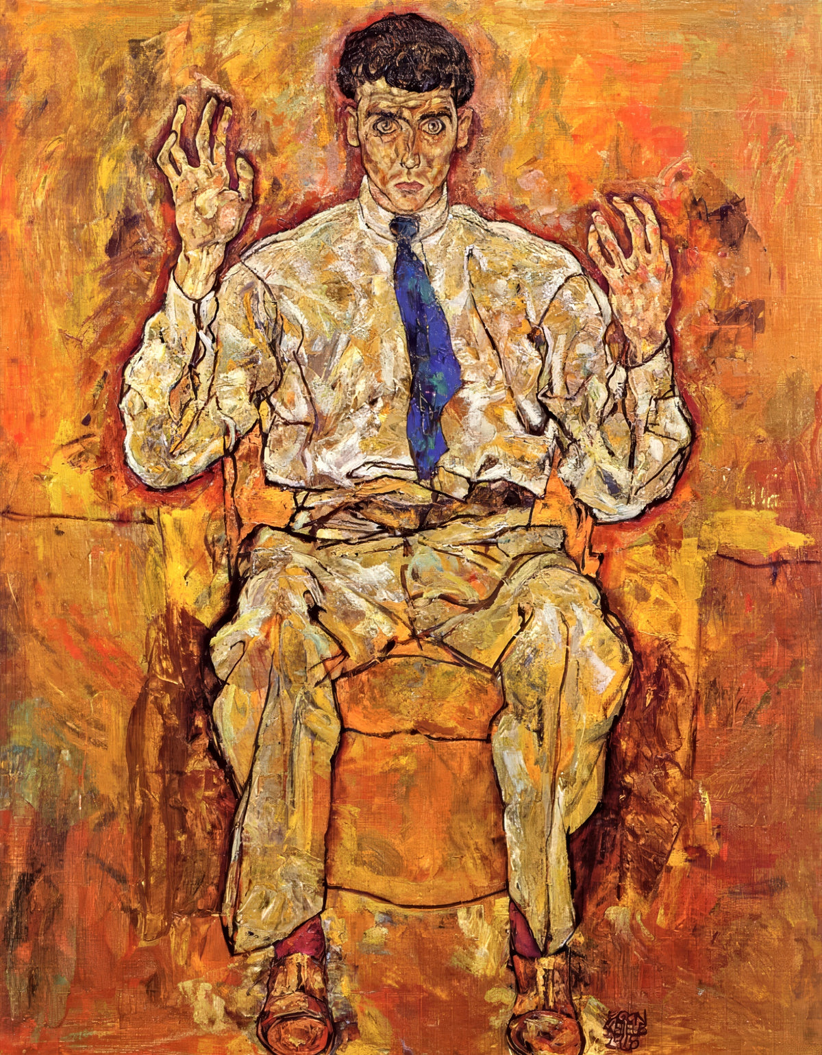 Portrait of Albert Paris von Gütersloh by Egon Schiele: a man with raised hands, pale shirt and blue tie, on orange-brown