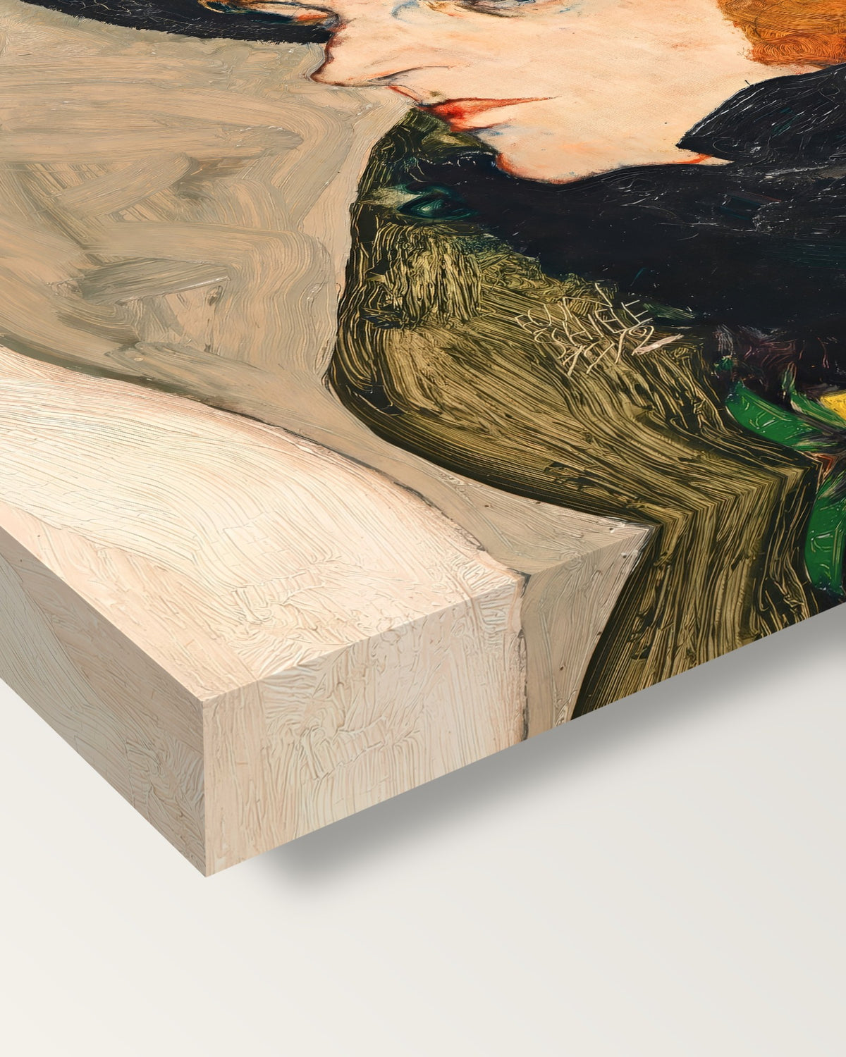 Portrait of Ida Roessler by Egon Schiele on stretched canvas, corner close-up: the painting mirror-wrapped round the sides