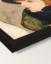 Portrait of Ida Roessler by Schiele framed canvas, corner close-up: a black floating frame with a shadow gap round the canvas